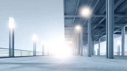 Naklejka premium Modern Architectural Structure with Illuminated Columns and Bright Sky, Ideal for Abstract Backgrounds and Designs