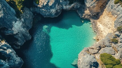 Hidden Turquoise Cove: Aerial View of Rocky Cliffs and Clear Water
