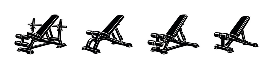 Gym equipment vector icons set: fitness benches, workout, exercise illustrations
