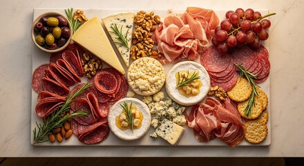 Elegant charcuterie board with assorted cheeses meats olives grapes and nuts platter