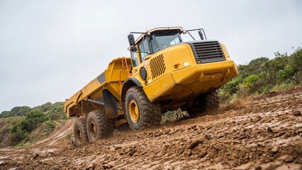 Fototapeta premium Articulated dump truck in a quarry moving up a muddy hill. Heavy equipment at a construction site, mining operation, or earthmoving work