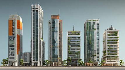 Diverse City Skyline Modern Office Buildings with Sustainable Green Design.