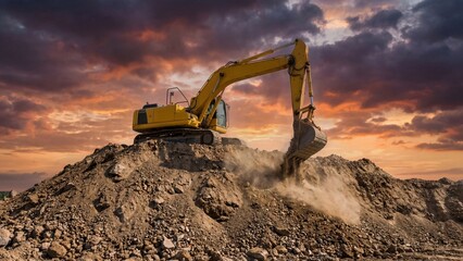 Yellow crawler excavator working on a quarry mound, digging soil and rock at sunset. Construction machine for earthwork and mining