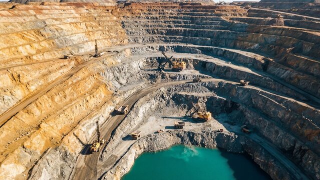Aerial view of an open pit quarry with working machines and a turquoise lake. Mining industry and mineral extraction concept with large equipment