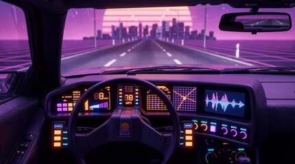 Car interior dashboard with synthwave style displaying a digital speedometer and soundwave graphics with an urban background cityscape for retro driving games