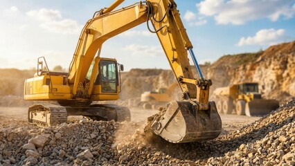 Yellow powerful excavator digging into a pile of crushed rock in an active quarry. Construction site and mining heavy machinery