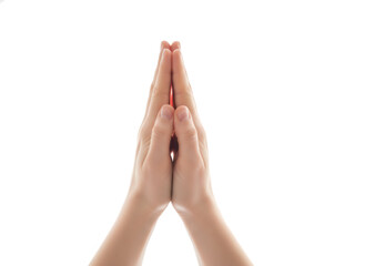 Woman hands held together in a prayer or namaste gesture. Spiritual concept for meditation, peace, and mindfulness background.