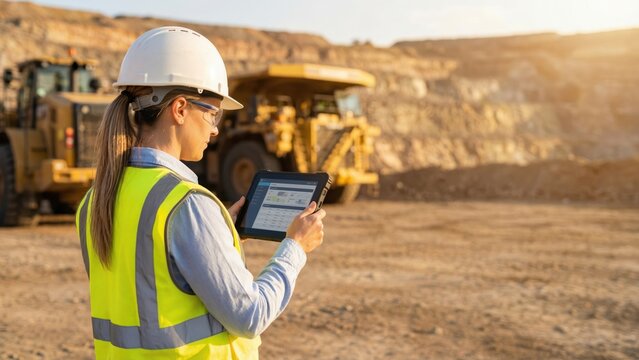 Female industrial worker using a digital tablet in a quarry. Modern mining operations and construction site management concept for a digital future