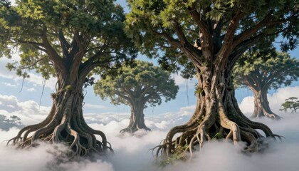 Fototapeta premium Majestic trees surrounded by mist enchanted forest nature photography ethereal environment wide-angle view serene concept for tranquility