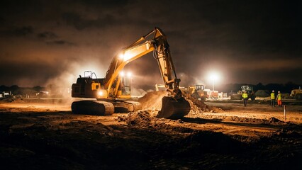 Large excavator working at night in a quarry with men in safety vests. Heavy machinery construction site concept for industrial business