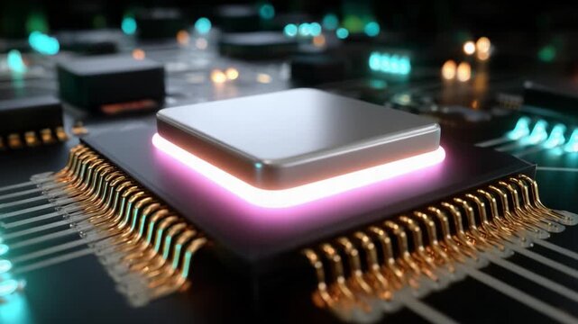 Detailed Close-Up of a High-Tech Microprocessor on a Circuit Board, Featuring Illuminated Components and Advanced Design Elements, Showcasing Modern Electronics in a Futuristic Environment