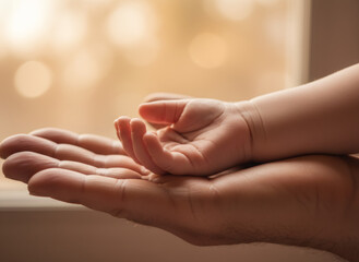 Baby hand on a man hand. New life and parenthood concept. Love and care for newborn kid as parent.