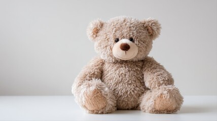 Fototapeta premium Cute Brown Teddy Bear Sitting Upright on a White Surface Against a Neutral Background