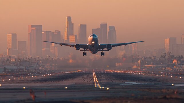 Airplane Taking Off at Sunset with City Skyline, Transportation and Travel Concept