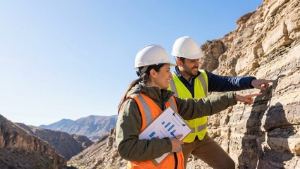 Woman and man engineers pointing rock layers. Geologists studying geological formation at quarry. Mining industry exploration and analysis