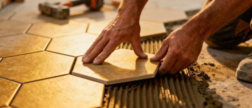 Hands Placing Hexagon Tile Into Mortar Bed, Tile Setter Smoothing Adhesive With Notched Trowel, Grout Lines Forming Precise Pattern, Bathroom Renovation Atmosphere With Focused Layout