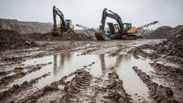 Wet quarry ground with heavy machinery in the rain, illustrating mining and construction industry operations concept, industrial work scene