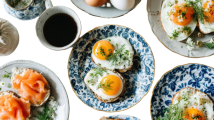 Delicious gourmet plate of fresh Japanese salmon sushi rolls served and fried egg boiled eggs and cup of coffee as a healthy restaurant appetizer for a nutritious lunch meal