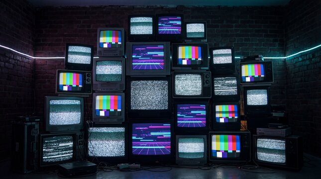Tv wall featuring display glitch with multiple retro television sets. Retrowave concept for vintage media and digital art