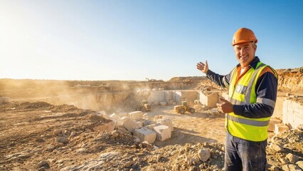 Happy man quarry worker in orange hard hat and safety vest smiling at open pit quarry. Heavy industry and mining concept