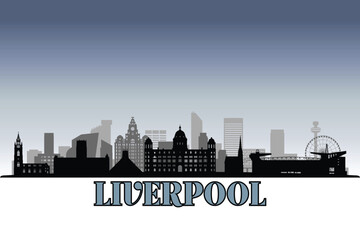 Fototapeta premium Global city Liverpool shown in a detailed vector skyline with grey rainy sky