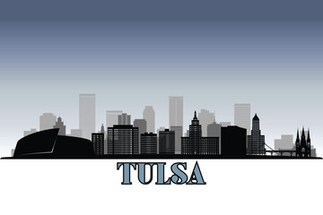 Fototapeta premium Global city Tulsa shown in a detailed vector skyline with grey rainy sky