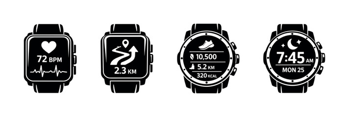 Smartwatch vector icons set: health and fitness monitoring symbols