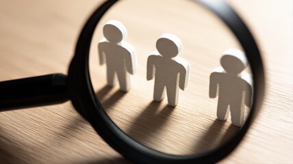 Fototapeta premium Magnifying Glass Focusing on Wooden Figures Representing Recruitment, HR, and Talent Acquisition on Wooden Surface
