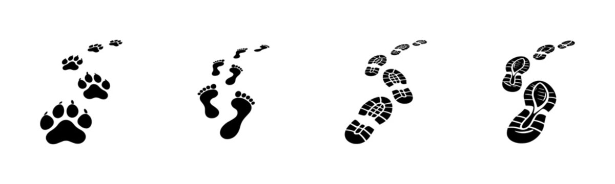 Footprint vector icons set: human, shoe, boot, animal tracks symbols