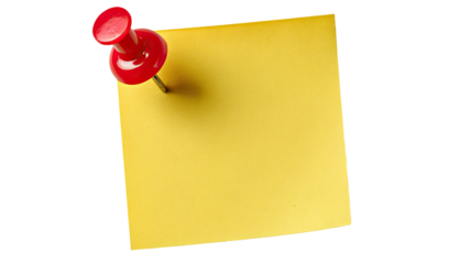 Blank yellow sticky note paper with a red pushpin attached to an empty office memo board for business reminders and announcements