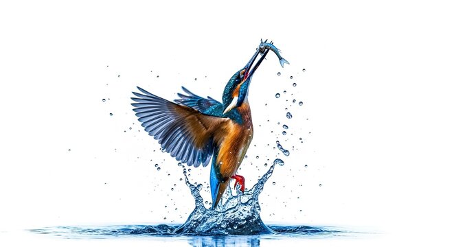 Striking image of a kingfisher emerging from water with a fish in its beak against white background