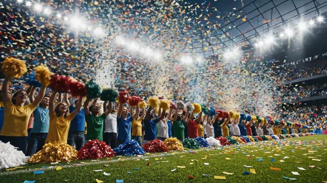 Cheerleaders in stadium with confetti