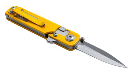 Sharp steel blade cutter tool with a yellow plastic handle isolated on a white background for office work and construction box cutting