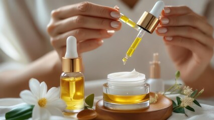 Hands applying skincare oils and cream