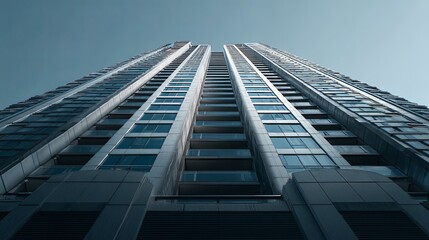 Dramatic Low Angle View of Modern Skyscraper Against Blue Sky  Urban Architecture.