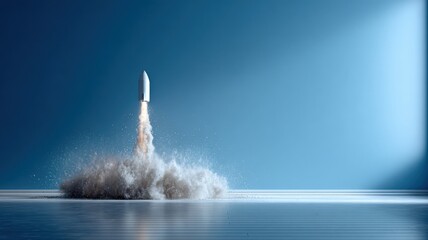 Rocket Launching with Smoke Against Blue Background - Concept for Startups, Growth, and Technological Advancement