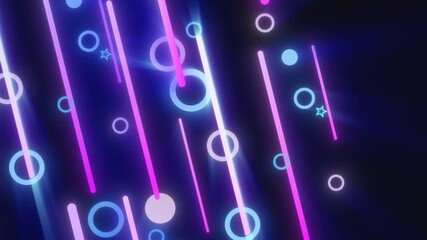Vibrant neon abstract background with glowing lines, circles, and geometric shapes - Powered by Adobe