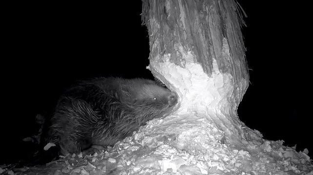 Biber, Castor fiber, nagt mit seinen Z&auml;hnen sanduhrf&ouml;rmig Holzsp&auml;ne von Baumstamm, , Nachtaufnahme, Nahaufnahme, Baumf&auml;llung