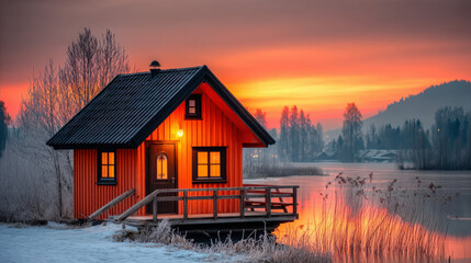 A small ice fishing hut on a frozen lake