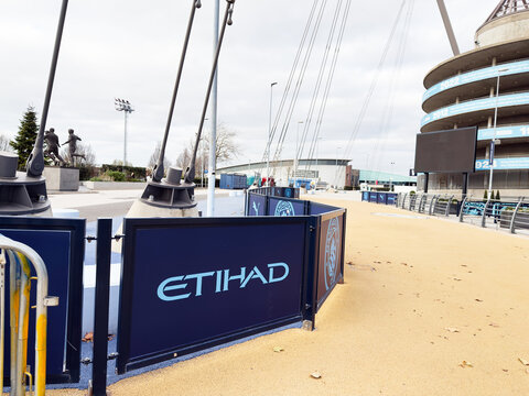 Etihad Stadium exterior barriers and cables at City of Manchester Stadium in Manchester UK