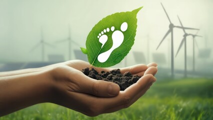 Hands holding a small plant with a footprint on a leaf, sustainable energy in the background