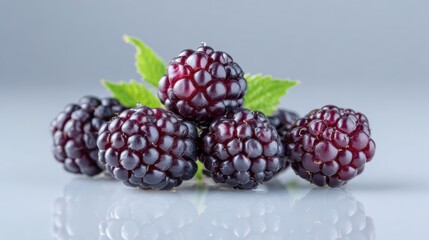 Wild blackberries arranged artistically on a reflective surface, showcasing their rich color and texture, with vibrant green leaves enhancing the natural beauty of the berries