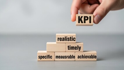 Hand placing kpi block on wooden blocks with smart goal words, forming a pyramid structure to represent business performance measurement and strategic planning in a professional setting effectively.