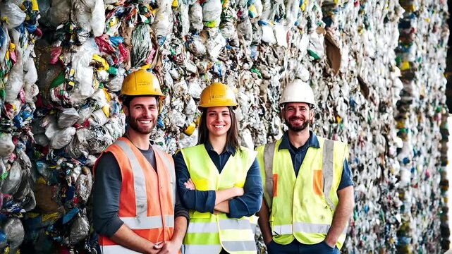 Recycling. Environment conservation. Waste management. A group of workers standing in front of a large pile of waste. The workers are wearing safety gear, including hard hats and vests.
