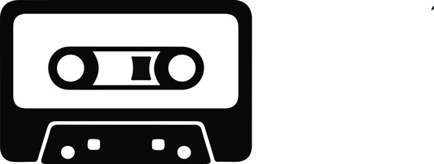 Obraz premium Cassette Tape Audio Player Icon, Black silhouette icon of an audio cassette tape, symbolizing analog music playback, retro sound recording, vintage media formats, and classic audio technology.