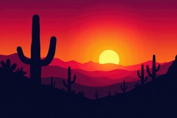 Towering cacti silhouettes against a vibrant sunset canyon , botanical, silhouette