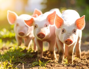 Three piglets, with pink skin and prominent ears, walk towards the viewer in bright sunlight. They are outdoors, among grass and soil
