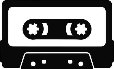 Naklejka premium Audio Cassette Tape Retro Music Icon, Black silhouette icon of an audio cassette tape, representing analog music recording, mixtapes, retro media, and classic sound technology.