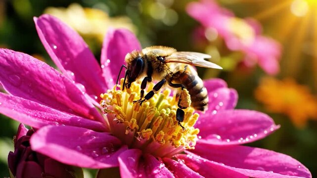 Beautiful bee pollinating vibrant pink flower in bright sunlight, nature scene.