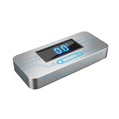 Sleek Metal Tech Device With Digital Readout And Blue Circuit Design For High-Tech Display